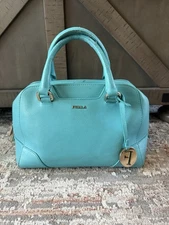 Furla Made In Italy Teal Pebbled Genuine Leather Handbag Purse READ