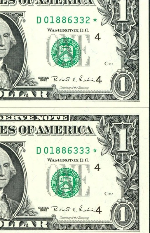 ** STAR - 2 CONSECUTIVE ** $1 1995 ((CHOICE/ GEM)) FEDERAL RESERVE NOTES