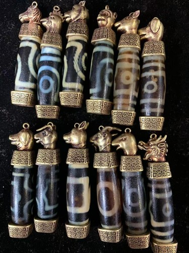 12Pcs Tibetan Brass *12Aninals* Inlay Natural Old Agate Dzi Bead Pendants