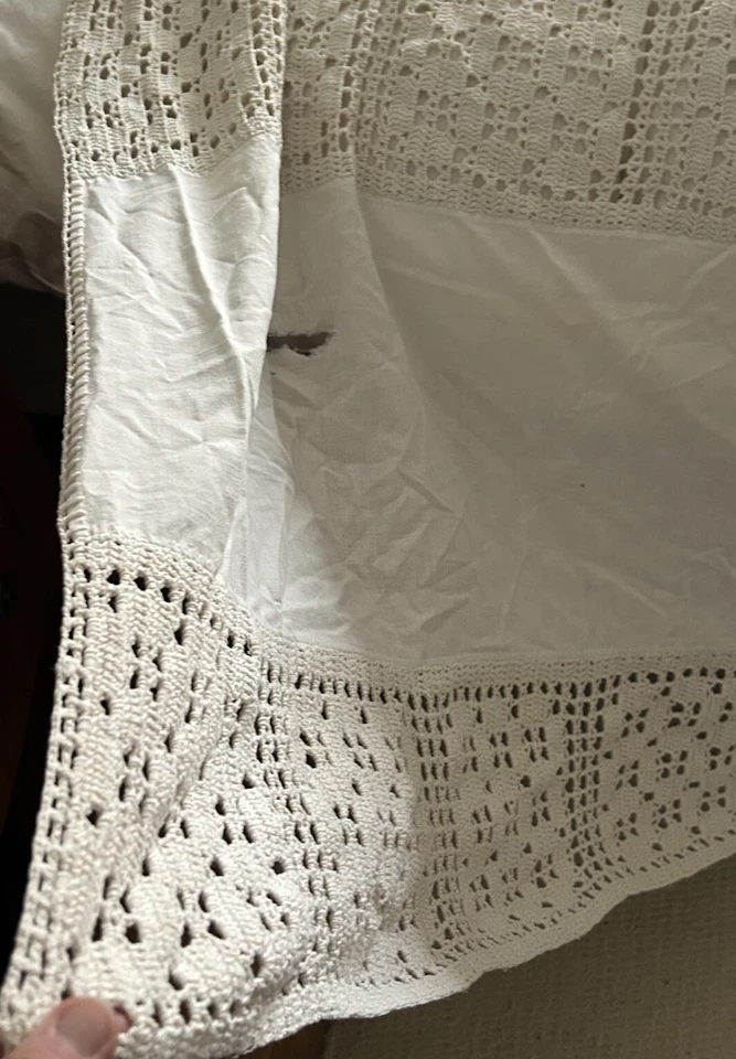 "Mesa o colcha de lino de encaje de algodón de ganchillo de colección blanco crudo 84""x122""" Foto 4 de 4