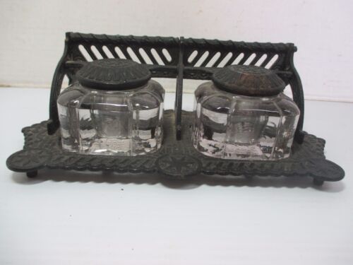 Vtg. Large Cast Iron Inkwell Set with 2 Glass Ink Wells on Cast Iron Base & Lids - Picture 2 of 12