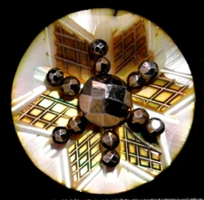 Antique Carved & Engraved Sea Snail Shell BUTTON w Tinted Bright Steels NICE 7/8