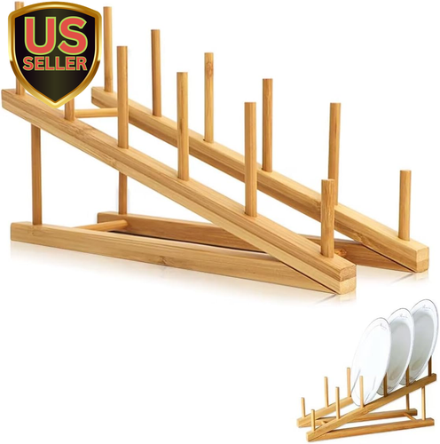 Bamboo Dish Drying Rack Wooden Plate Rack Kitchen Pot Lid Holder Cabinet Orga...