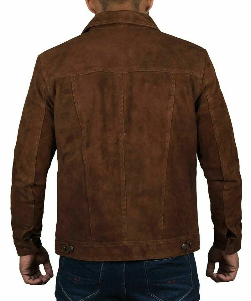 Men's Logan Dark Brown Suede Leather Jacket Western Denim Style Trucker Jacket - Image 3 of 4