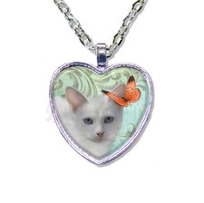 White Cat Butterfly Collage Style - Handmade HEART-shaped glass pendant necklace