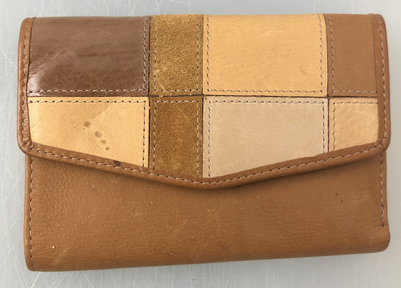 Fossil Patchwork Brown Leather Trifold Clutch Wal… - image 3