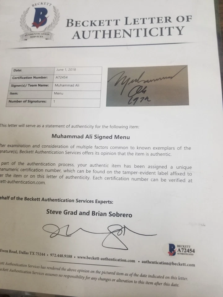 MUHAMMAD ALI 1972 TOKYO, JAPAN AUTOGRAPHED RESTUARANT MENU FOUGHT MAC FOSTER COA - Image 3 of 4