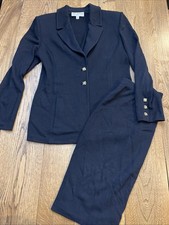 ST. JOHN Collection Black Wool Knit Sweater  Skirt Suit Set Gold Buttons Size 8