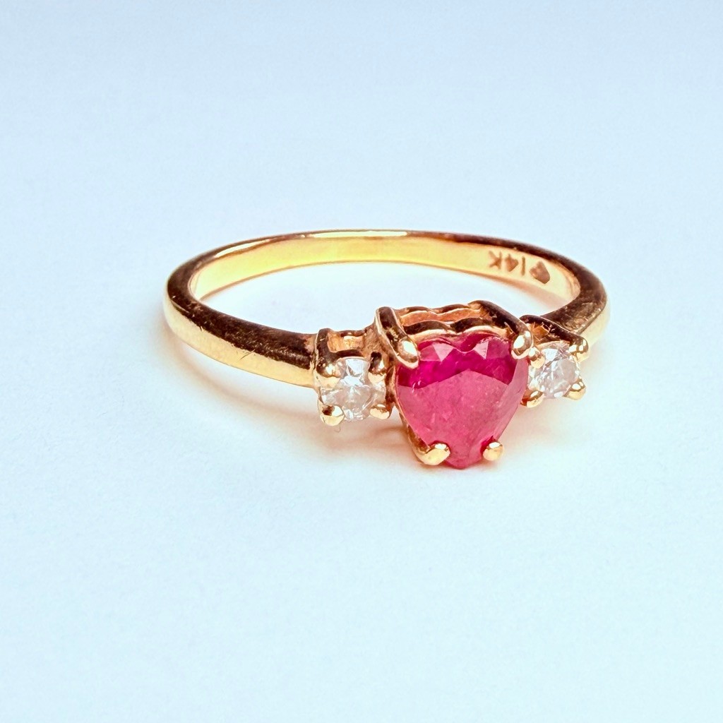14K Solid Yellow Gold Red Genuine Ruby Heart & Di… - image 2