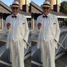 White Linen Men's Suits Summer Beach Wedding Tuxedo Outdoor Casual Three Pieces