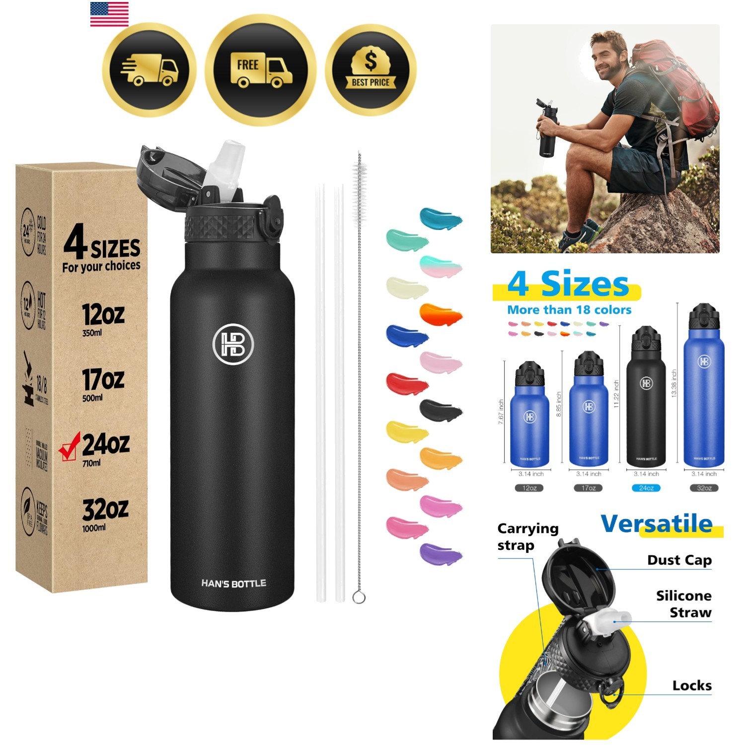 - 24 Oz, Straw Lid, Leak Proof, Vacuum Insulated Stainles...