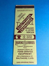 Matchbook Cover Lawrence Ellerbrock Food Service Equipment Baltimore MD MB151