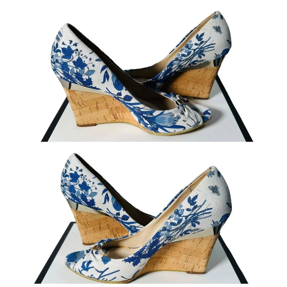 Sandalias cuña corcho estampado floral diseño raro, GUCCI, zapatos de salón, azul y blanco- Foto 2 de 4