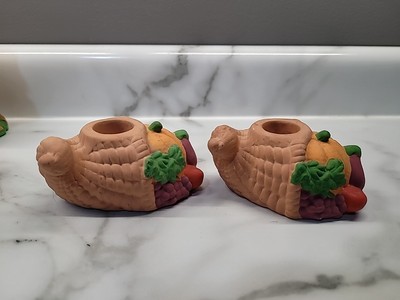 Set Of 2 Terracotta Multi 4'' CORNUCOPIA Candle Holder Figurine