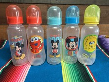 Vtg Disney Mickey Mouse Sesame Street 9oz Baby Bottles Lot Of 5 Need Nipples
