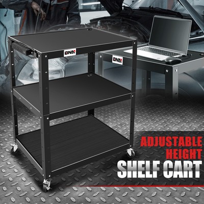 24''-42'' Adjustable Height 3-Layer Utility Steel AV Cart w/ Built-In Power Strip