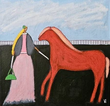 Painting Original Woman Horse Portrait Canvas Outsider Whimsical 10x10 Art 