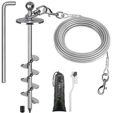 16" Dog Tie Out Stake with 30ft Chew Proof Stainless Steel Cable  Double-Sid...