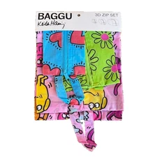 Baggu Keith Haring 3D Zip Set of 3 Bags, Washable Recycled Nylon Pets Flower