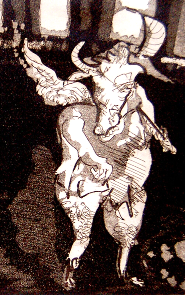 URI LIFSHITZ Israel HAND SIGNED ETCHING Hebrew BULLFIGHTING