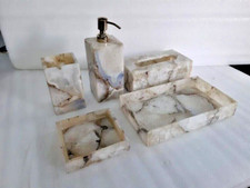 White Agate Stone Bathroom Set Of 5 Pcs, Soap Dispenser Agate Bathroom Decor Set