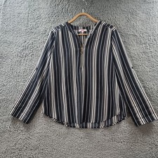 SES Womens Top Size 12 Black Ivory Stripe Long Sleeve V-Neck Casual