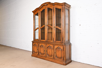 Drexel Heritage French Provincial Carved Oak Lighted Breakfront