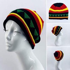 Black Beanie Hat with Rasta Design colors Red, Green and Yellow
