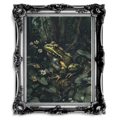 Frog Among Flowers in Moody Woodland Dark Print - Wildlife Wall Decor - Gothic W