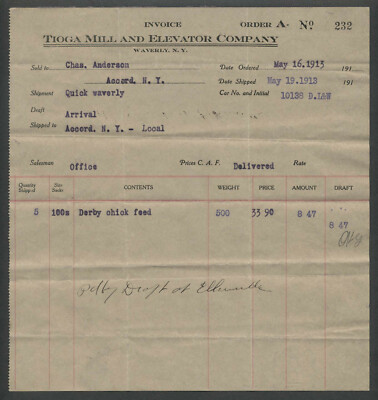 Waverly NY: 1913 TIOGA MILL AND ELEVATOR COMPANY Invoice Billhead