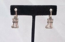Christmas Stocking Holiday Detailed Vintage Silver Tone Clip On Earrings