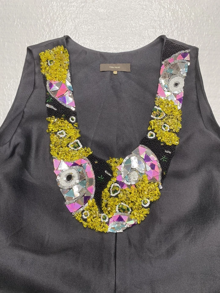 Vera Wang Womens Silk Cotton Cocktail Mini Tunic Dress Black Embellished Sz S P - Image 3 of 4