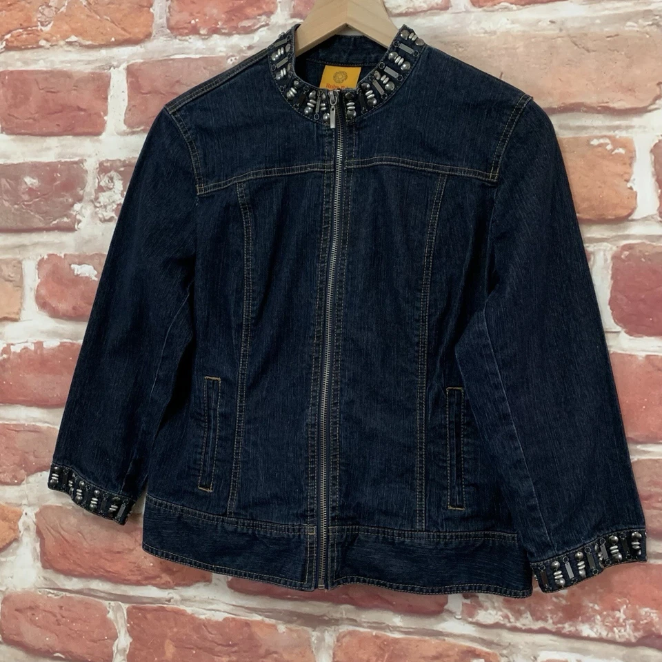 Ruby Rd Blazer Jean Jacket Womens Size 8 Blue Denim Metal Beaded Accent Zip Up - Image 3 of 4