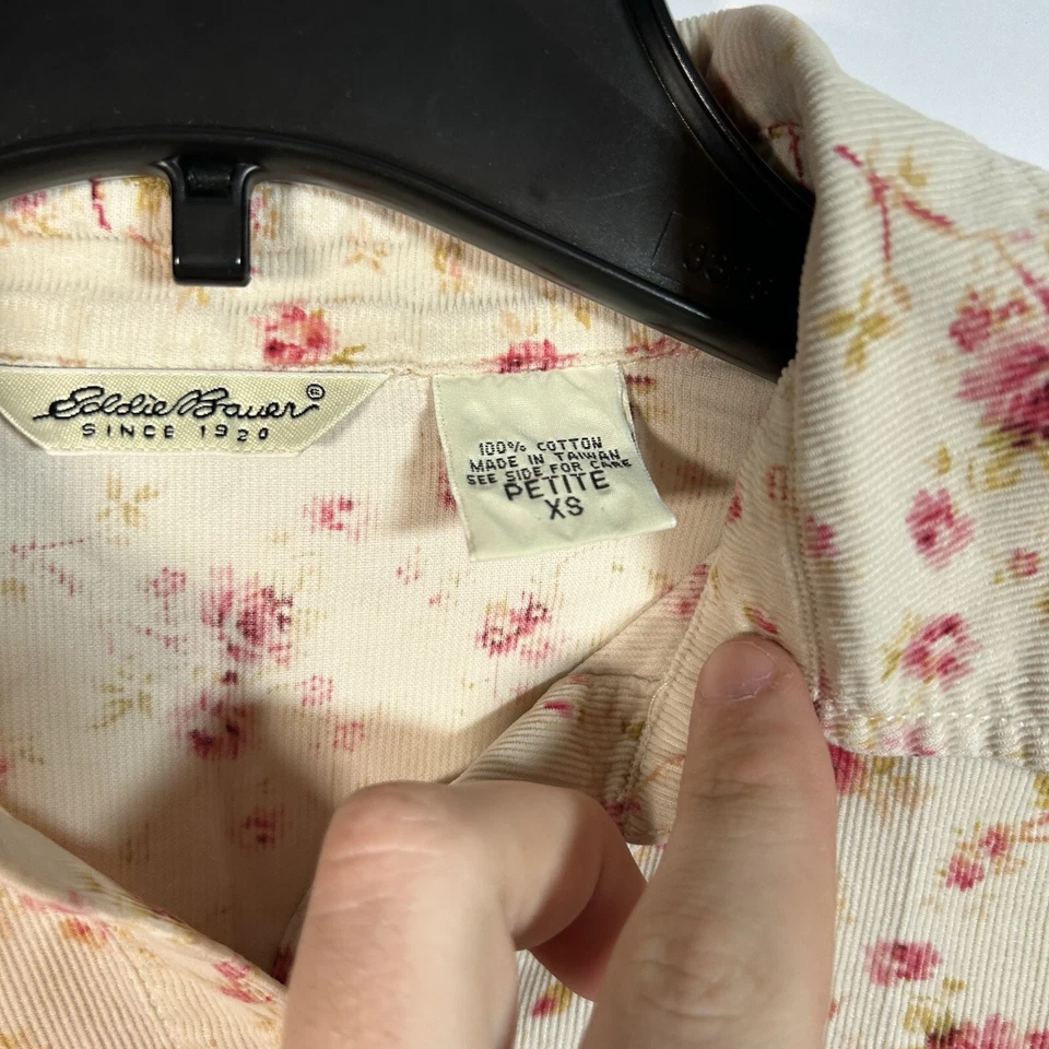 Camisa vintage Eddie Bauer abotonada para mujer pxs beige floral pana cuello Foto 2 de 4