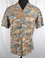 Hawaii Blues Brown w/ Palm Tree Button-Front Hawaiian S/S Shirt M Made In USA