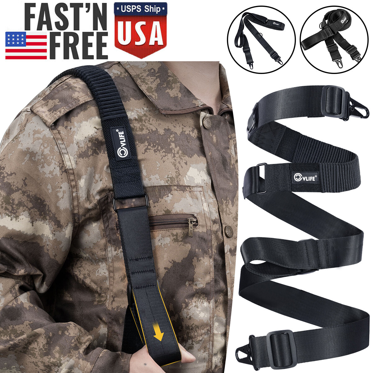 Nylon Tactical 2 Point Rifle Sling Adjustable Elastic Cord Guns Strap with Hooks