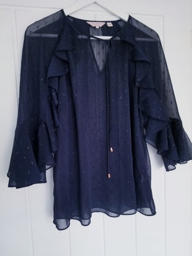 Ted Baker Azeeya Tie Neck Ruffle Blouse Navy Blue Size 3 UK 12 - Picture 3 of 6