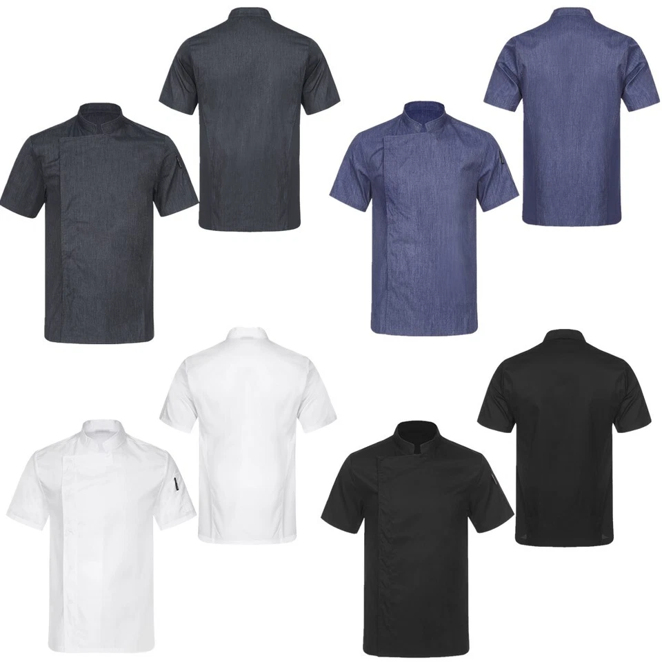 Men&Women's Short Sleeve Chef Coat Stand Collar Jacket Kitchen Shirt Workwear - Image 3 of 4