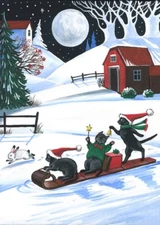 ACEO PRINT OF PAINTING RYTA CHRISTMAS BLACK CAT WINTER COUNTRY FARM Folk Art 🎄