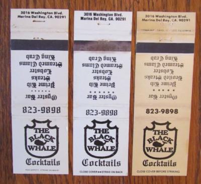 WHALE MATCHBOOK COVERS: BLACK WHALE MARINA DEL REY, CALIFORNIA MATCHCOVERS -C1