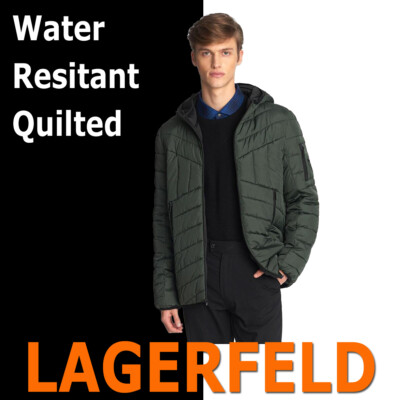 MEN'S KARL LAGERFELD PARIS QUILTED WATER RESISTANT HOODIE PUFFER JACKET GREEN