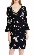 Ralph Lauren Navy Floral Stretch Matte Jersey Dress Bell Sleeves Women’s Size 4