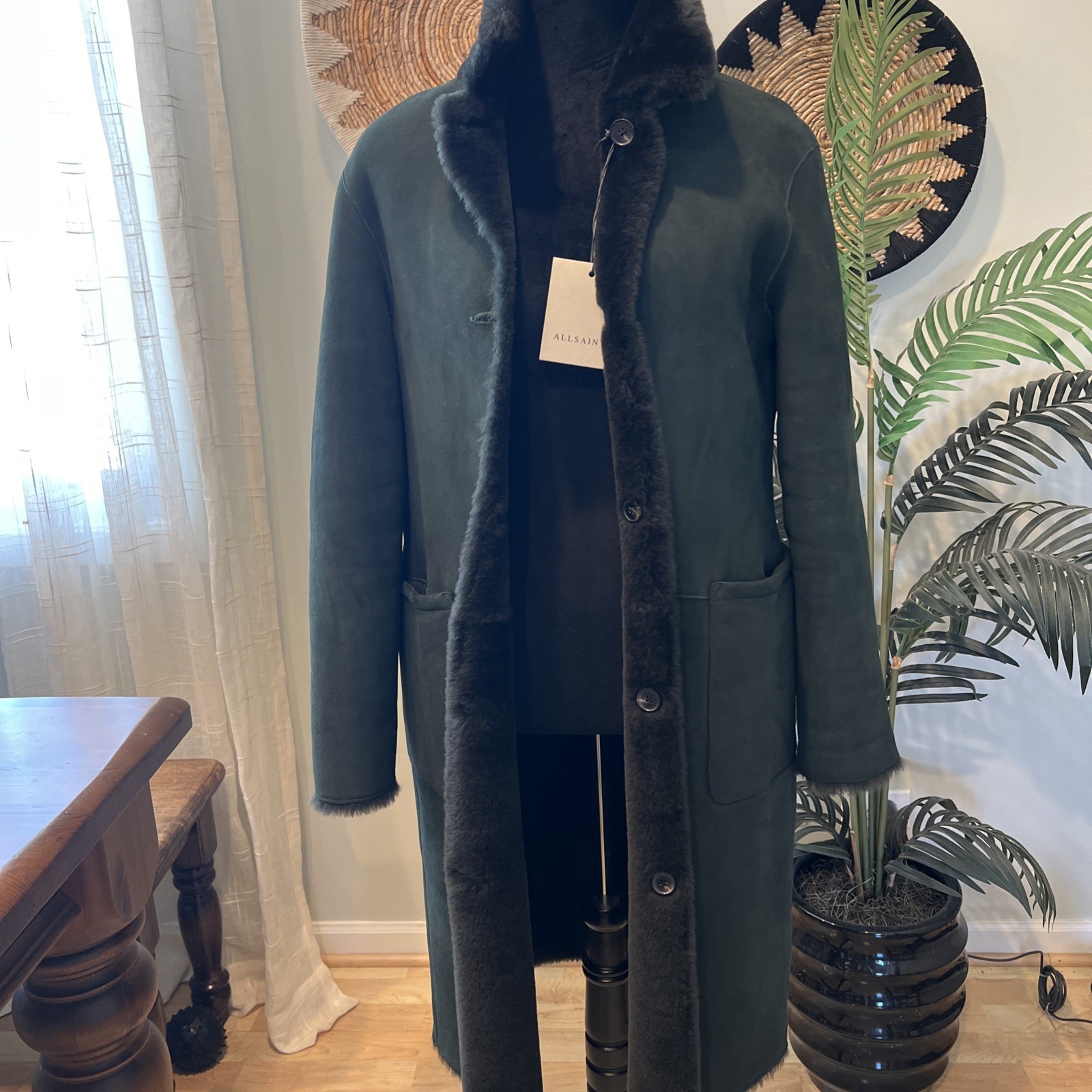 All Saints Serra Reversible Shearling Coat Sycamore Green Medium NWT image 4