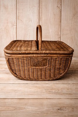 Vintage 1970s Procter & Gamble P&G Wicker Picnic Basket Wooden Handle Lidded