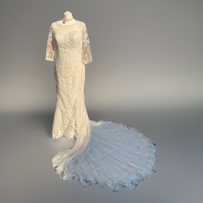 Vintage. Braut BRAUTKLEID Braut TROMPETE Meerjungfrau PERLEN TÜLL Spitze Guipure + Schleppe M