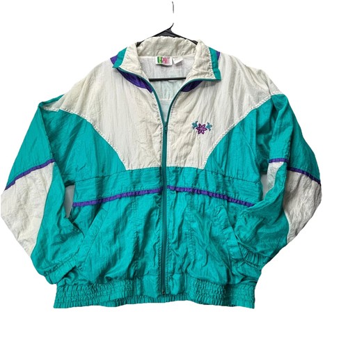 Bold Spirit Vintage 90s Colorblock Windbreaker Jacket Teal White Purple Floral M