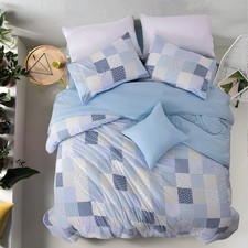 6Pcs Full Blue Floral Bedding Set for Girls Kids, Flower Checkered Pattern Co...