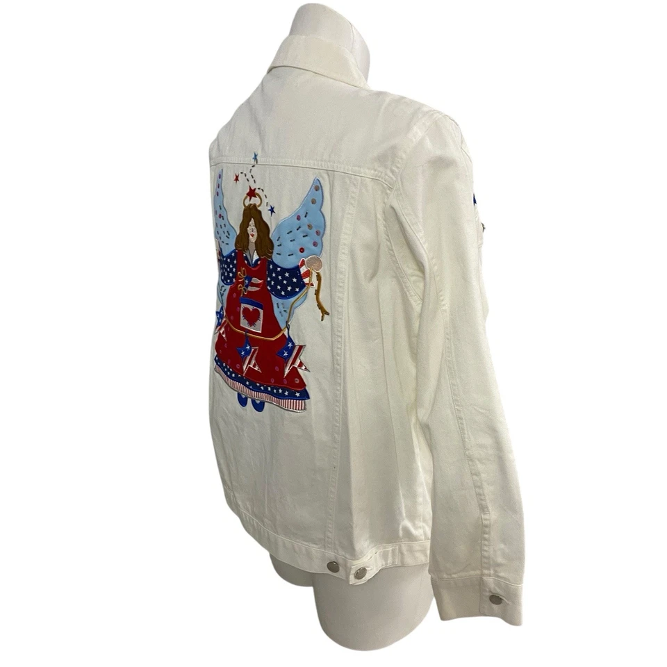 Quacker Factory Jacket Womens Sz Large Patriotic Angel Folk Art Americana Cotton - Image 4 of 4