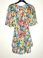 Umgee Romper Womens M  Multicolor Floral Print Butterfly Sleeves Tye Belt