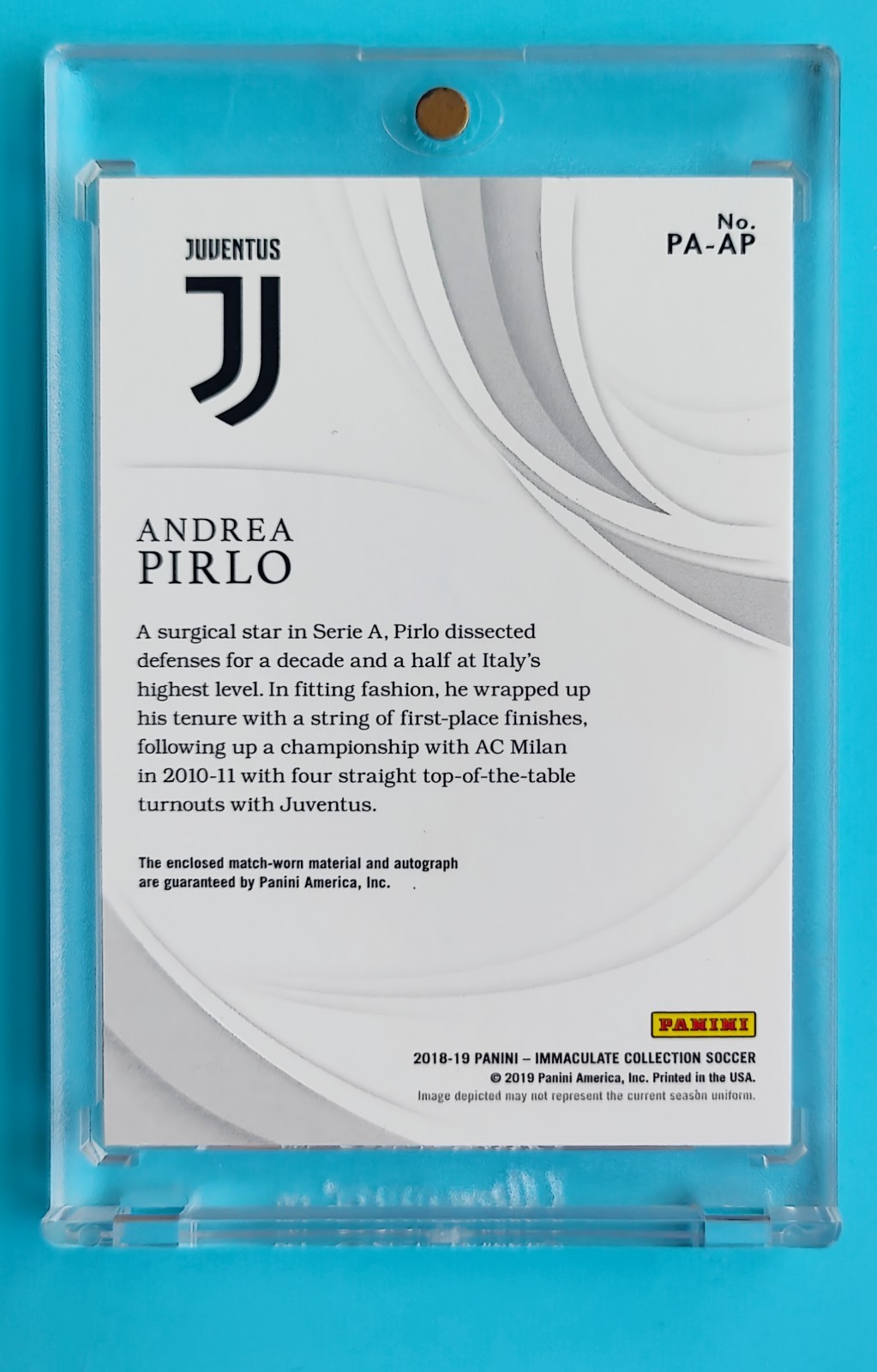 2018-19 Immaculate Juventus Pirlo Match-worn  Patch Auto 12/21 jersey number view 2